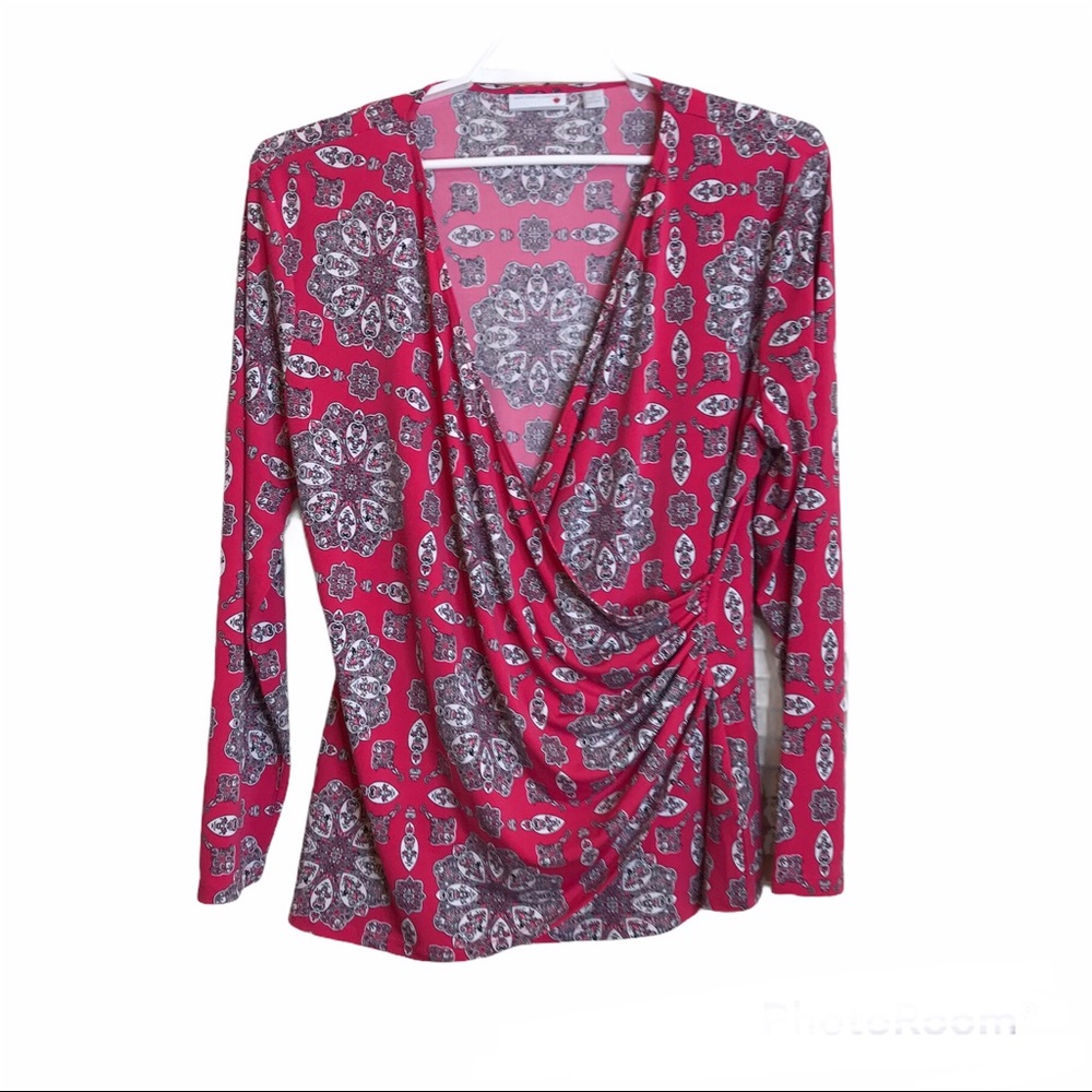 New York & Company Red and Gray Patterned Blouse